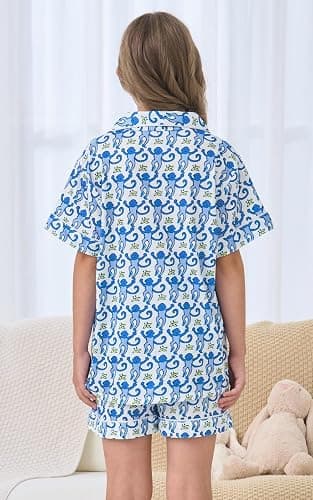 SLPTIMISO Girls Summer Outfit,Kids 2 Piece Button Down Monkey Loungewear Beach Shorts Set Preppy Animals Lounge Pjs thumbnail 6