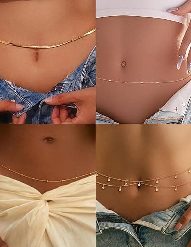 Wrlcorly 8Pcs Waist Chain 18K Gold Plated Belly Belt Chains Sexy Bikini Summer Beach Satellite Beaded Sequin Snake Layered Coin CZ Body Chain Jewelry Accessories for Women Gold Silver Tone Adjustable thumbnail 5