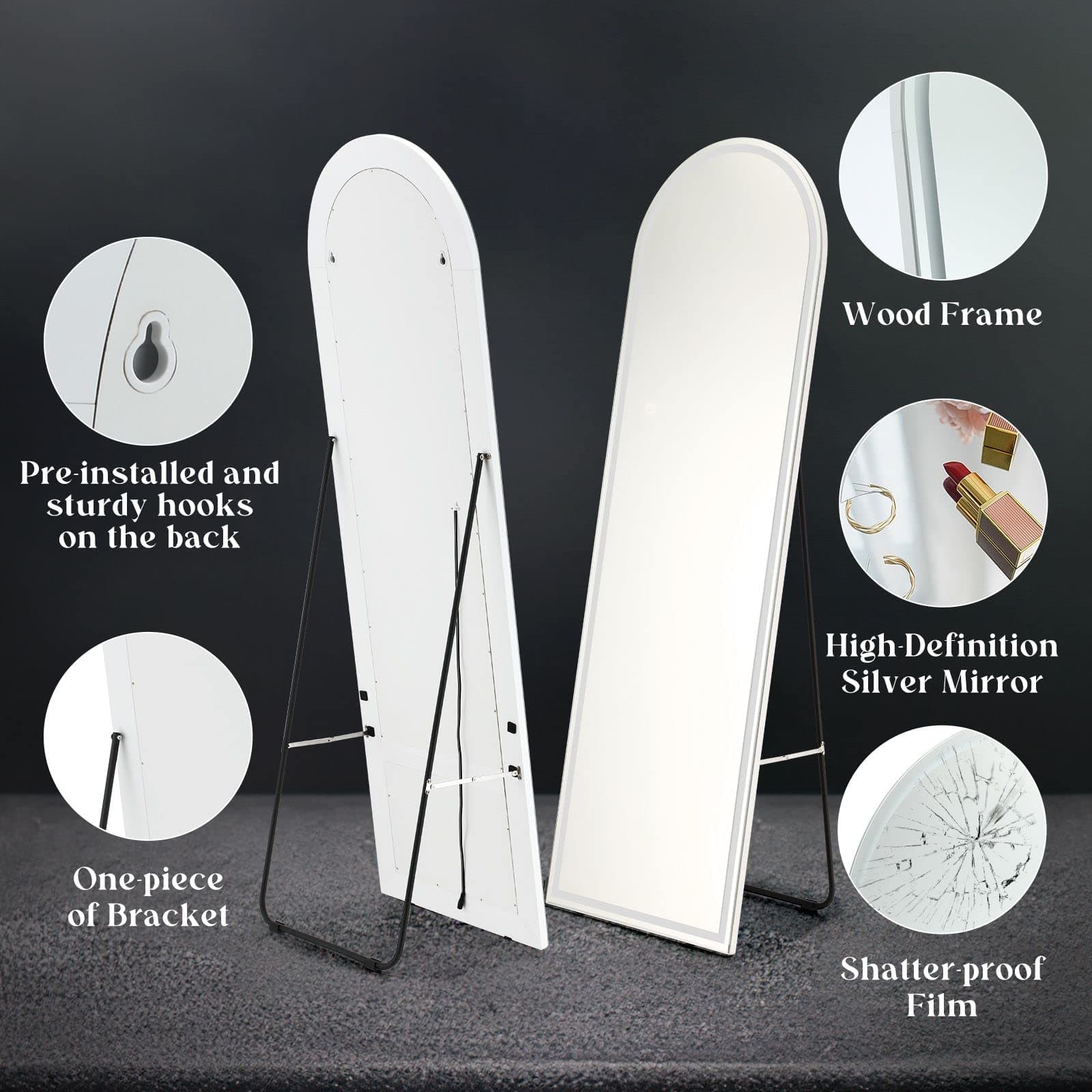 Maxkon LED Full Length Mirror Arched Body Floor Free Standing Hanging Leaning Lighted Bedroom Hallway 3 Lighting Colours thumbnail 6