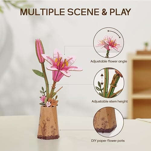 ROBOTIME 3D Wooden Lily Flower Puzzle TW071 - DIY Assembly Model Kit, Artificial Wood Flowers for Home Decoration, Relaxing Crafts for Adults, Valentine's Gift thumbnail 4