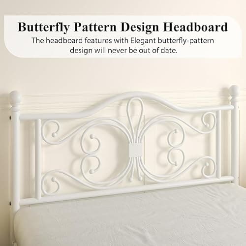 LoVinson Queen Bed Frame, Metal Platform Bed with Butterfly Pattern Design Headboard & Footboard, Heavy Duty Metal Slats, Easy Assembly, No Box Spring Needed, White thumbnail 4