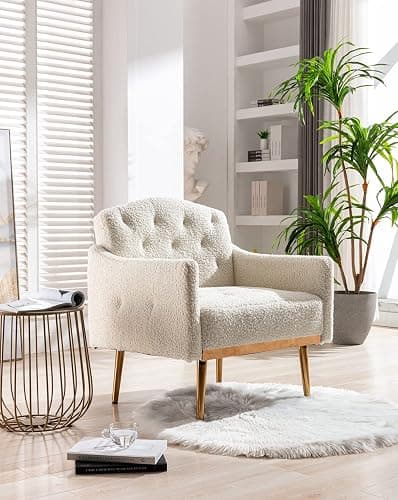 KINFFICT Modern Accent Chair, Upholstered Single Sofa Arm Chair for Living Room and Bedroom, Comfy Armchair with Solid Tapered Metal Legs, White thumbnail 5