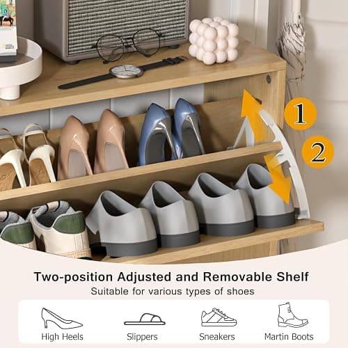Fsbecl Shoe Storage Cabinet for Entryway with 2 Flip Drawers, Narrow Wood Shoe Cabinet with Fluted Panel, Freestanding Hidden Shoe Organizer for Foyer, Hallway (Wood Color) thumbnail 5