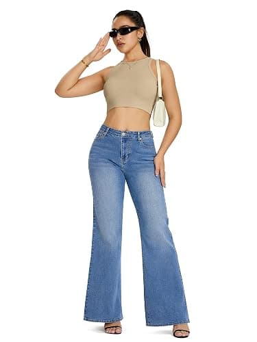 QICAMO High Waisted Wide Leg Flared Jeans for Women, Stretchy Loose Bell Bottom Jean with 5-Pocket thumbnail 5