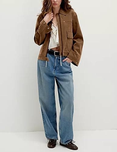 Yeokou Women Faux Leather Jacket Loose Lapel Long Sleeve Zip Up Coat Casual Fall Outwear with Pockets thumbnail 5
