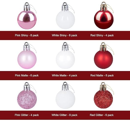 Mini Christmas Ornaments, 54 Pcs 1.2 Inch Pink/Red/White Glitter Christmas Tree Ornaments Hanging Balls, Small Shatterproof Plastic Decorative Ornaments Baubles for Xmas Tree Party Indoor Decor thumbnail 4
