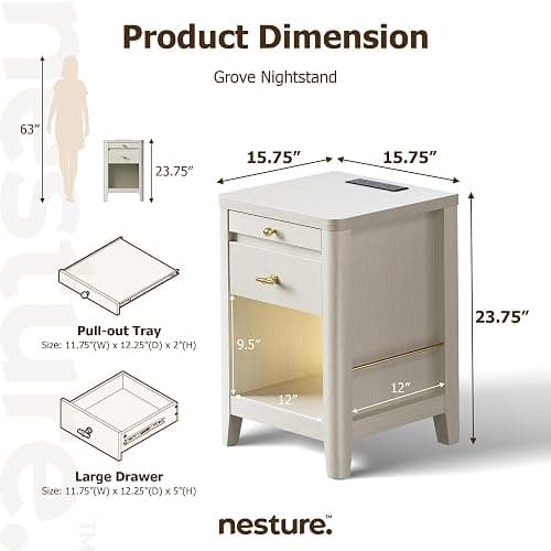nesture. Nightstand with Charging Station and LED Light, Wood Curved Night Stand with 2 Drawer and Open Shelf,Mid Century Modern Bedside Table with Side Storage for Bedroom,End Table Living Room Wihte thumbnail 2