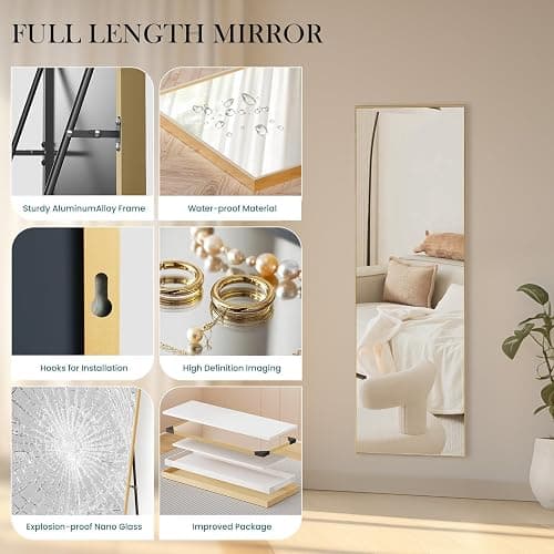 NEWBULIG Mirror Full Length, 16"x59" Body Wall Mirrors with Shatter-Proof Glass, Upgraded Floor Standing Mirror, Hanging or Leaning, with Stand Aluminum Alloy Frame for Home Decor, Bedroom, Gold thumbnail 4