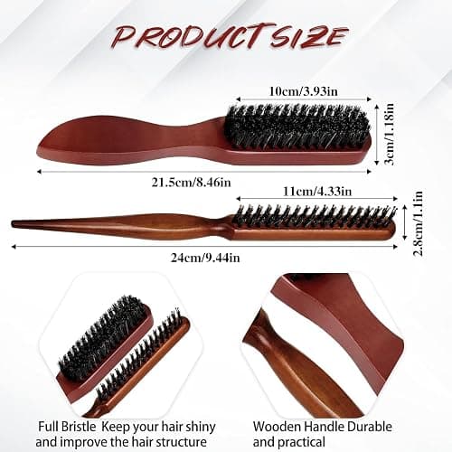 Boar Bristle Hair Brushes set，2 Pack Wooden Handle Slick Back Brush for Smoothing, Taming Wavy & Frizzy Hair, Teasing Comb for Edges Beard thumbnail 2