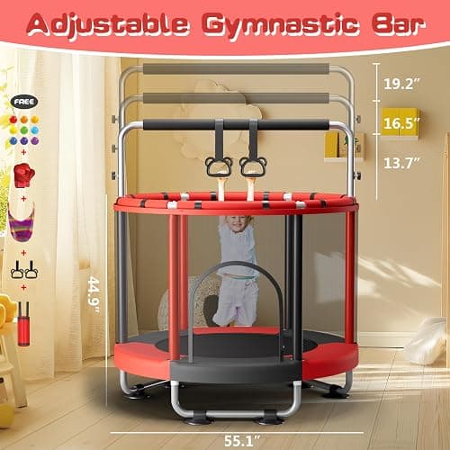 ZCMHAXJ 55" Trampoline for Kids with Enclosure, 440lbs Capacity Indoor & Outdoor Toddler Trampoline with Adjustable Gymnastics Bar & Toys, for Boys & Girls thumbnail 4