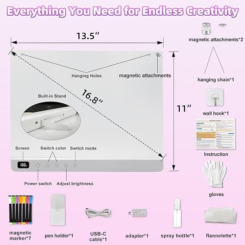 Rechargeable LED Drawing Board for Kids,16" Large Glow Doodle LED Note Board with 13 Light Modes,Neon Light Up Drawing Tablet with Stand,Chain & Magnet, Creative Birthday Gifts for Girls Boys Age 3-12 thumbnail 2