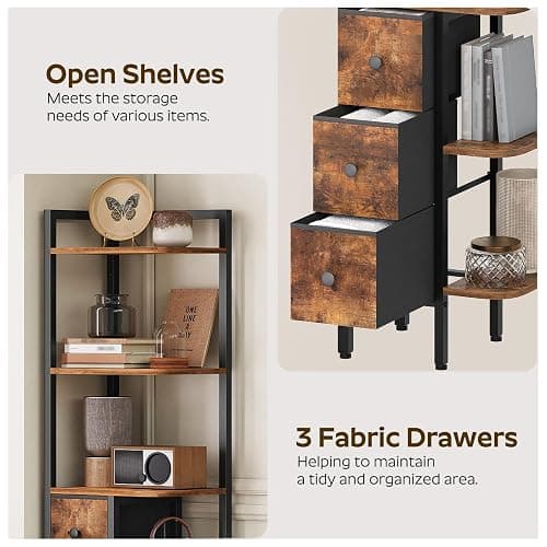 YATINEY Corner Shelf Stand, 5-Tier Corner Bookshelf with 3 Drawers, Industrial Display Shelf for Narrow Spaces, Wooden Small Bookcase, Easy Assembly, Rustic Brown and Black CJ10BR thumbnail 5