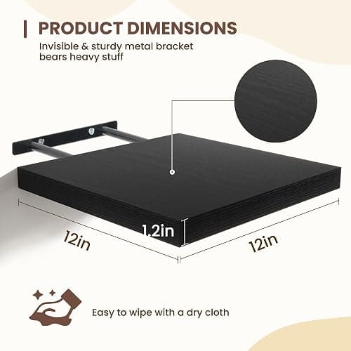 Fun Memories Floating Shelves for Wall - 12 Inch Square Shelves with Invisible Brackets, Black Small Wall Shelf for Living Room, Bathroom, Bedroom, and Kitchen Decor，Set of 4 thumbnail 3