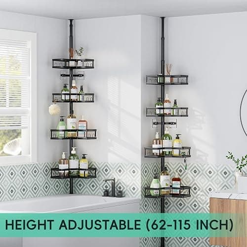 HEVEL Corner Shower Caddy Tension Pole, Adjustable Shower Organizer Corner 62-115 Inch, Rustproof Bathroom Storage Shower Shelves, Black thumbnail 3