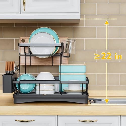 7 code Large Dish Drying Rack for Kitchen Counter, Detachable Large Capacity Dish Drainer Organizer, 2-Tier Dish Racks with Utensil Holder, Black thumbnail 7