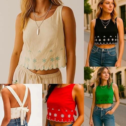 Hesaco Floral Embroidery Tie Back Summer Tank Tops for Women Sleeveless Crop Tops Y2k 2000s Going Out Coquette Clothes thumbnail 7