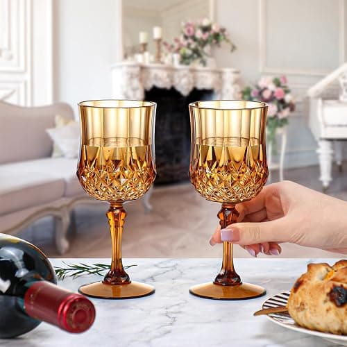 XUWAIDSGN 24Pcs Plastic Vintage Wine Glasses 7oz Reusable Embossed Goblet Glasses Pink Retro Wine Glassware Unbreakable Stemmed Champagne Water Cups for Wine Cocktail Juice Wedding (24, Brown) thumbnail 8