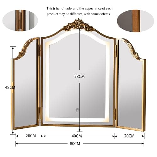 HSDDHOME Antique Gold Triple Fold Makeup Mirror with Tri-Color LED Lighting & Dimming, Baroque Carved Arch Vintage Vanity Mirror, Bohemian Decor for Bedroom/Dressing Room, 31x23 Inch thumbnail 3