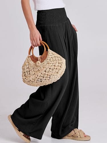 ANRABESS Women Linen Palazzo Wide Leg Pants with Pockets | Smocked High Waist，Comfort Casual Flowy Pants，Lounge Everyday Wear，Summer Boho Cute，2026 Beach Travel Vacation Outfits thumbnail 5