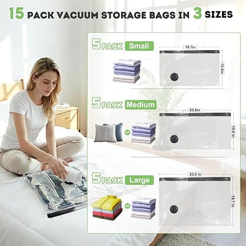 Mapambo Vacuum Storage Bags with -60000Pa USB Pump, 15 Pack Vacuum Seal Bags for Clothing Travel in 3 Sizes, Travel Vacuum Bags with Pump, Saving up to 80% of Luggage Space (15 Combo Size) thumbnail 8