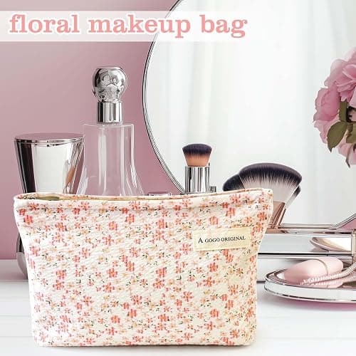 Aesthetic Makeup Bag Cotton, Quilted Floral Make up Bags, Travel Toiletry Bag Women, Daily Use Cosmetic Bags for Girls, Pink Makeup Bag for Purse, Cosmetics Organizer Pouch thumbnail 2