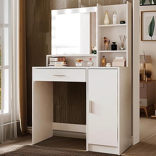 Palimder Vanity Desk with Mirror and Light, Large Drawer and Three Level Storage Dresser, 3 Lighting Modes Adjustable Brightness, Bedroom Dressing Table (White) thumbnail 7