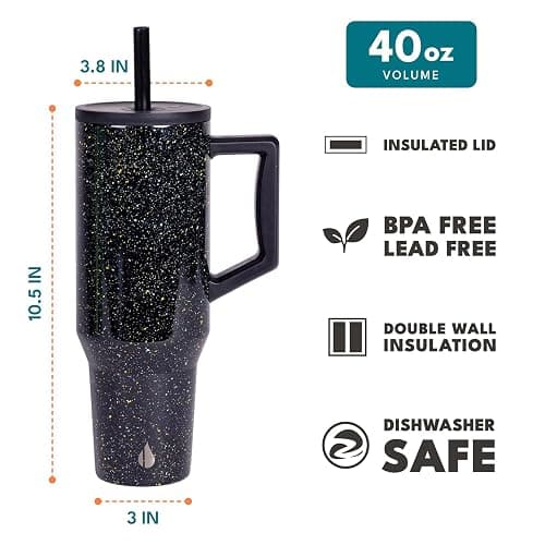 Elemental 40 oz Tumbler with Handle and Straw - Spill Proof Insulated Stainless Steel Commuter for Cold Beverages - Travel Coffee Mug with 2 Straws & Spill Proof Lid - 40oz - Black Speckle thumbnail 2