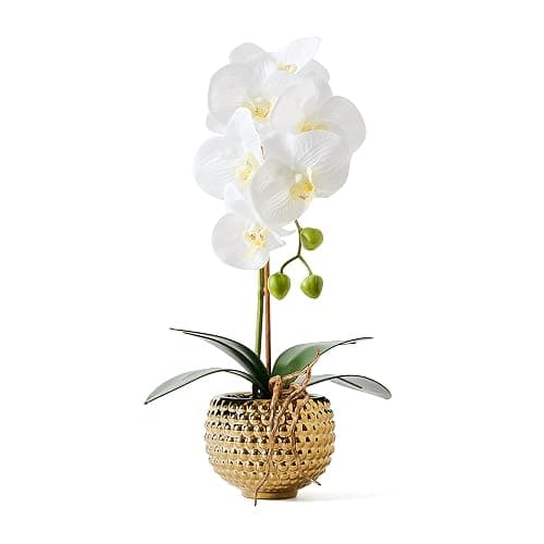 Hisow Orchids Artificial Flowers, 15" Faux Orchid in Gold Flower Pot Real Touch Flowers in Pot Large Flower Arrangements Artificial Centerpiece for Home Living Room Bathroom Kitchen Decoration (White) - Image 1