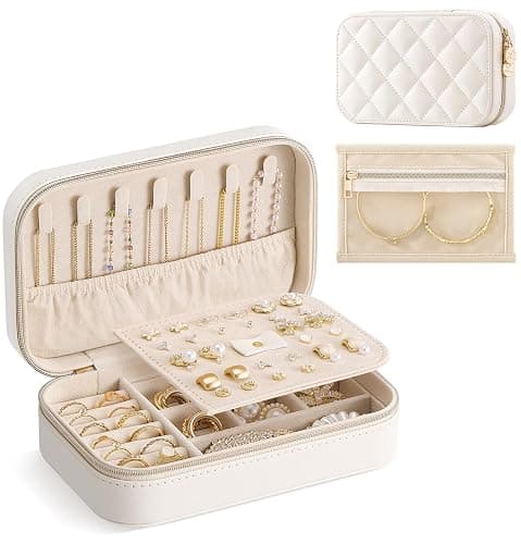 Lolalet Travel Jewelry Case for Women Girls, Travel Jewelry Organizer with Clear Storage Bag Small Portable Jewelry Box for Necklace Bracelet Earring Ring Valentines Bridesmaid Gifts -Medium/Beige - Image 1