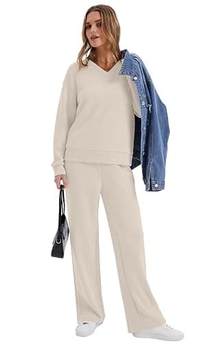 WIHOLL Lounge Sets for Women 2025 V Neck 2 Piece Outfits Airport Wide Leg Pants Matching Set Sweatsuits thumbnail 3