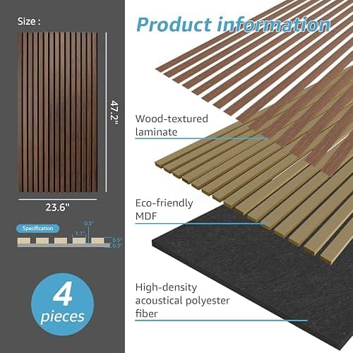 Art3d 4 Pack 47.2 x 23.6in. Wood Slat Acoustic Panels for Wall and Ceiling - 3D Fluted Sound Absorbing Panel with Wood Finish - Dark Walnut thumbnail 4