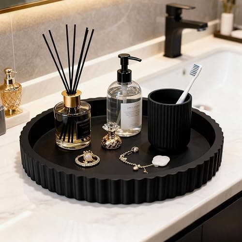 Decorative Tray for Coffee Table, 12'' Resin Round Tray for Home Decor | Elegant Coffee Table Centerpiece, Black Fluted Edge, Serving Vanity Tray for Home Bathroom Kitchen Living Room Decor thumbnail 2