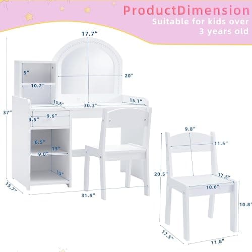 BXKX Kids Vanity with Lights, Vanity Set with Drawer and Storage Shelves, 2 in 1 Toddler Vanity with Lighted Mirror, Girls Vanity Set with Stool for Little Girls (White) thumbnail 3