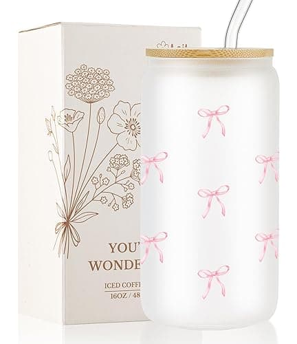 Loihayazea Cute Coquette Pink Aesthetic Bow Glass Cups with Lids and Straws, Preppy Girly Trendy Stuff Gifts for Women Teen Girls, 16oz Iced Coffee Cup, Glass Tumbler, Matcha Cup (Pink Bow)