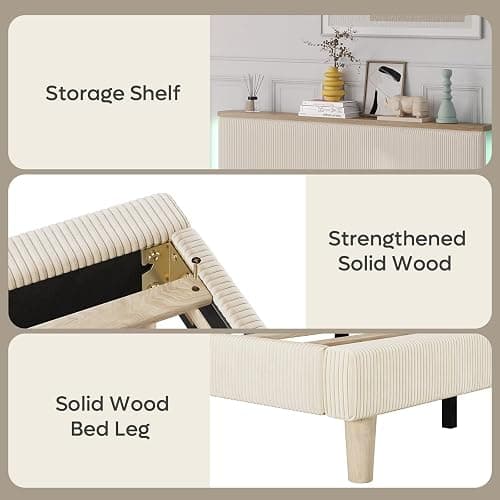 Bestier Queen Bed Frame with Adjustable Headboard & LED Lighting, Corduroy Upholstered Platform Bed Frame with Storage Shelf, Solid Wood Slats, No Box Spring Needed, Never Squeak, Easy Assembly, Beige thumbnail 7