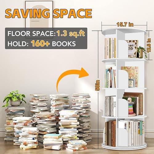 RUNSUNSPRI 4 Tier Rotating Bookshelf Tower, Spinning Bookshelf, Revolving 360° Bookcase Storage Round Carousel, Vertical Rotate Turning Spiral Corner Organizer Lazy Susan, White thumbnail 2