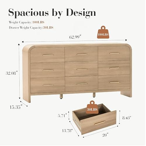 EliteSet Curved 9-Drawer Dresser for Bedroom, 63" Wide Modern Chest of Drawers, Vanity Desk TV Stand for Living Room, Closet Storage Drawers Organizer Furniture, Nursery, Hallway, Gray Oak thumbnail 2