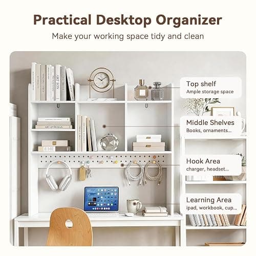 OOOK White Desk Hutch, Dorm Organizers and Storage, 3-Tier Desktop Bookshelf, Wooden Computer Desk with Hutch, Desk Hutch with Pegboard and Accessories Included for Office Dorm Home thumbnail 3