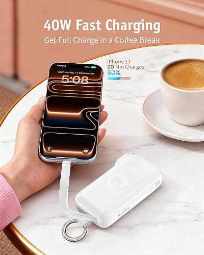 RORRY Flow Portable Charger 10000mAh 40W Wall Plug Power Bank Battery Pack | Built-in USB-C Cable, Keychain Design, Fast Charging, for iPhone 18 Pro/17/16/15, Apple Watch, iPad, Travel Essential thumbnail 3