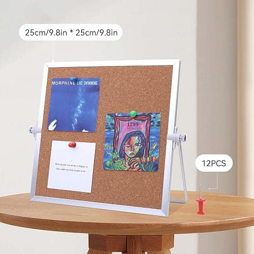 kdafio 9.8"×9.8" Cork Board Bulletin Board, Double Sided Pin Board with Silver Aluminum Border, Desktop Small Cork Board with Stand Suitable for Home, Office, Desk Message Board or Picture Board thumbnail 3