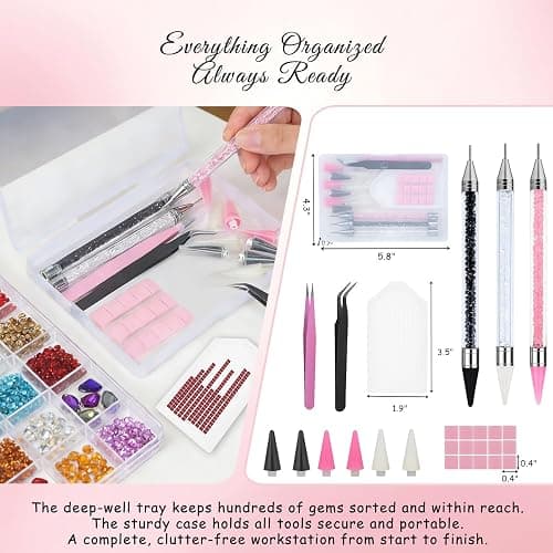 14PCS Rhinestone Picker Tool Kit for Nail Art, Diamond Painting and Bedazzling, 3 Dual-Ended Pens with Wax and Metal Tips, 6 Replaceable Heads, Includes 2 Tweezers, Clay, Tray and Storage Case thumbnail 6