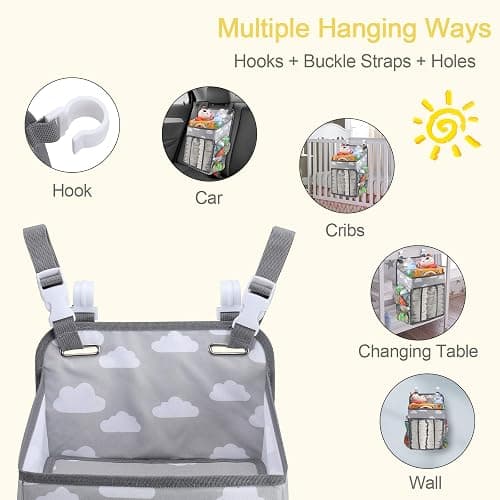 Accmor Hanging Baby Diaper Caddy Organizer, Diaper Stacker, Baby Crib Hanging Classified Storage Bag Organizer for Changing Table, Crib, Playard or Wall & Nursery Organization, Grey Cloud thumbnail 5