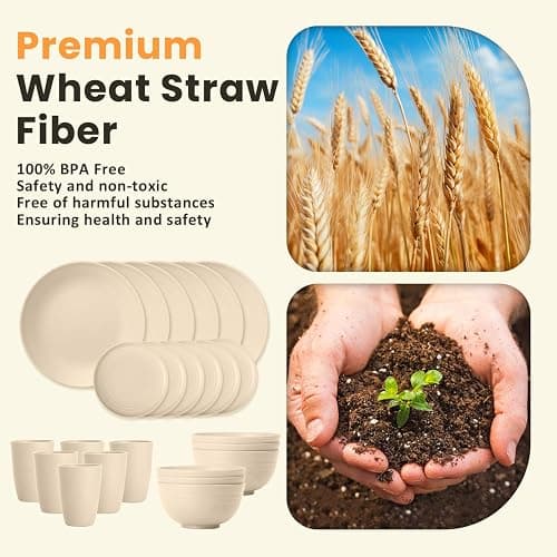 Homienly 24 PCS Premium Wheat Straw Dishes Set for 6, Reusable Plates and Bowls Sets,Cups,Lightweight & Unbreakable Dishwasher and Microwave Safe Dinnerware Sets for Kitchen,Outdoor- Beige - 24 PCS - Beige thumbnail 3