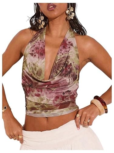 SOLY HUX Women's Cowl Neck Halter Tops Mesh Floral Deep V Neck Draped Front Backless Summer Going Out Crop Tank Tops - Image 1