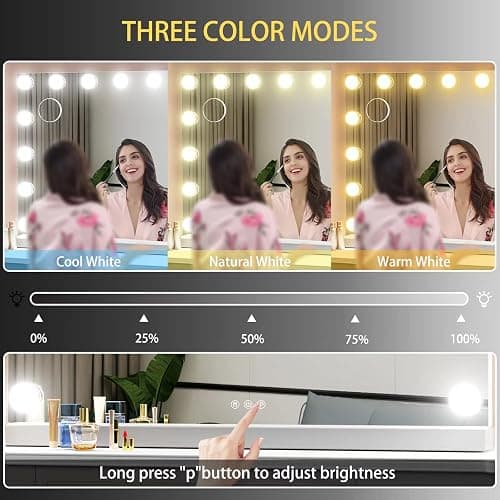 Gvnkvn Vanity Mirror with Lights USB+Type-C Charging, 32WX24L Tabletop Hollyhood Makeup Mirror, Hollywood Lighted Mirror with 18 Dimmable LED Bulbs,3 Colors Modes,Touch Control, Gold thumbnail 3