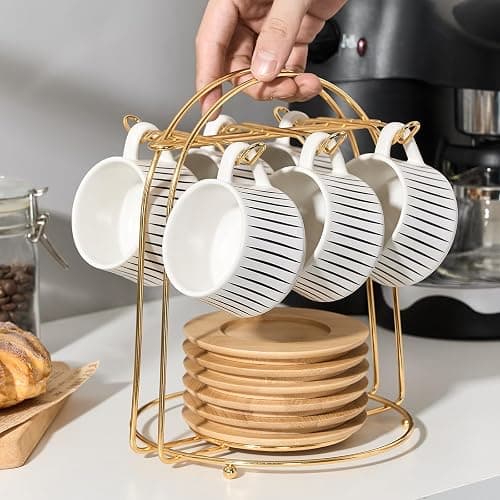 LUKA Ceramic Coffee Espresso Cups with Saucers Set with Metal Holder, 4 oz Porcelain Demitasse Cups For Tea, Espresso, Latte, Coffee, Cafe Mocha, Set of 6, White thumbnail 6