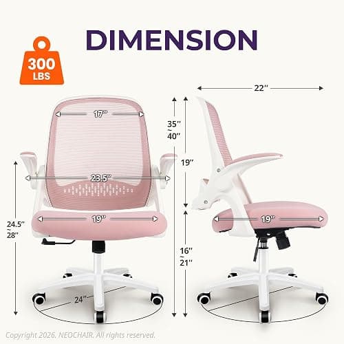 NEO CHAIR Office Desk Gaming Ergonomic Computer Chair with Lumbar Back Support Adjustable Height Swivel Rolling Wheels Flip-up Arms Mesh Chair for Home Vanity (Pink) thumbnail 2