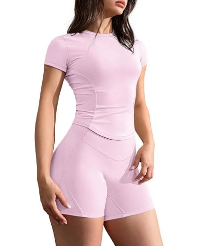GYM RAINBOW Short Sleeve Workout Tops for Women, Cropped Workout Shirts Slim Fit Crew Neck Athletic Gym Running T Shirts - Image 1