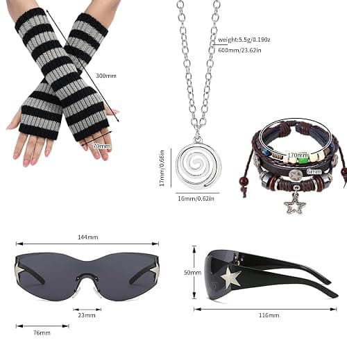 6PCS Therian Stuff,Y2k Jewelry Set with Grunge Necklace,Fingerless Gloves,Knitted Emo Beanie, Bracelet,Glasses,Leg Warmers thumbnail 2