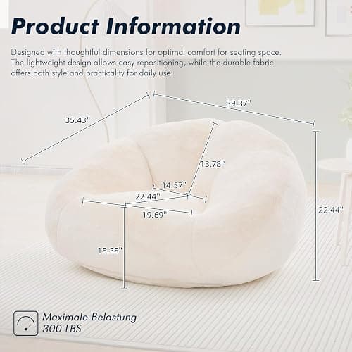 LVHOM 3.28 Feet Bean Bag Chair for Adults, Shell-Shaped Bean Bag Lazy Couch, Faux Fur Cloud Sofa Chair, Lounge Floor Sofa with Filler for Reading, Gaming & Watching, No Assembly Required (Beige) thumbnail 2